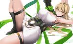  1girl armpits black_legwear blonde_hair blush breasts character_request cleavage closed_mouth commission doko_tetora eyebrows_visible_through_hair full_body green_eyes hand_up hiama_(doko_tetora) large_breasts large_ribbon long_hair looking_at_viewer lying no_shoes on_back original shirt skeb_commission socks solo torn_clothes torn_shirt white_background white_shirt 