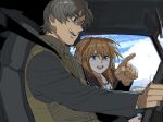  1boy 1girl aida_kensuke beard blue_eyes brown_hair car_interior couple day driving evangelion:_3.0+1.0_thrice_upon_a_time facial_hair glasses grin ground_vehicle hand_up handheld_game_console jeep looking_at_another motor_vehicle neon_genesis_evangelion older open_mouth rebuild_of_evangelion sitting smile souryuu_asuka_langley talking upper_body window yuyanshu13 