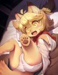  absurdres ahoge bed blonde_hair blouse blush cameltoe chestnut_mouth commentary eyebrows_visible_through_hair fangs furry furry_female hands_on_own_chest highres legs_up little_tail_bronx lolo_(kemonono) lying mei_marzipan on_back open_mouth panties pillow ponytail red_scarf reward_available scarf senjou_no_fuuga shadow short_hair solo teeth tongue underwear upper_teeth white_blouse white_panties yellow_eyes 