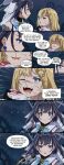  ... 2girls annoyed bangs blonde_hair blue_bow blue_eyes bow bow_earrings cuts deez_nuts_(meme) earrings english_commentary english_text fangs gardavwar highres hololive hololive_english injury jewelry meme multiple_girls necktie night night_sky one_eye_closed open_mouth ouro_kronii red_necktie shaded_face short_hair short_necktie sky smile speech_bubble surprised virtual_youtuber watson_amelia 