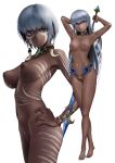  2girls arm_behind_head armpits bangs bare_shoulders blue_eyes blush breasts choker closed_mouth commission dark-skinned_female dark_skin earrings eyebrows_visible_through_hair full_body hand_on_hip highres holding holding_weapon jewelry large_breasts long_hair looking_at_viewer multiple_girls navel nipples nude original polearm short_hair silver_hair simple_background skeb_commission spear standing tattoo tribal tribal_tattoo wa_(genryusui) weapon white_background 