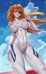  1girl arimatang ass_visible_through_thighs blue_eyes blush bodysuit breasts breasts_apart cameltoe clenched_teeth covered_navel covered_nipples cowboy_shot evangelion:_3.0+1.0_thrice_upon_a_time eyebrows_behind_hair eyepatch freckles from_below hair_between_eyes hand_on_hip highres large_breasts latex long_hair looking_at_viewer mecha neon_genesis_evangelion orange_hair plugsuit rebuild_of_evangelion skin_tight sky solo souryuu_asuka_langley teeth thighs white_bodysuit wide_hips wind 