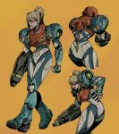  1girl arm_cannon armor ass bangs blonde_hair blue_eyes commentary_request duplicate english_commentary full_body glowing gun highres ho-uja korean_commentary long_hair looking_at_viewer metroid metroid_dread mixed-language_commentary mole mole_under_mouth pixel-perfect_duplicate ponytail power_armor power_suit samus_aran science_fiction sidelocks simple_background solo upper_body visor weapon 
