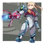  1girl arm_cannon blonde_hair border clenched_hand cropped_legs electricity galois glowing green_eyes highres metroid metroid_dread ponytail power_suit samus_aran serious solo standing weapon white_border 