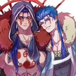  2boys angry blue_hair bodypaint cape closed_mouth cu_chulainn_(caster)_(fate) cu_chulainn_(fate) cu_chulainn_alter_(fate/grand_order) dark_blue_hair dark_persona earrings facepaint fate/grand_order fate_(series) fur-trimmed_cape fur-trimmed_hood fur_trim grin highres hood hood_down hood_up jewelry male_focus multiple_boys multiple_persona muscular muscular_male nova_(novalis4929) pectorals ponytail red_eyes slit_pupils smile spiked_hair spikes topless_male 