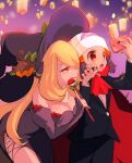  2girls beanie blonde_hair blue_eyes blue_hair breasts cellphone chorimokki cynthia_(pokemon) dawn_(pokemon) dress formal hair_ornament hair_over_one_eye hairclip halloween hat holding large_breasts long_hair multiple_girls open_mouth phone pokemon pokemon_(game) pokemon_dppt selfie smile suit very_long_hair 