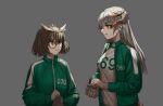  2girls arknights bangs brown_hair cheogtanbyeong commentary_request dragon_horns earclip eyebrows_visible_through_hair feather_hair glasses green_jacket grey_background highres horns jacket korean_commentary long_hair long_sleeves looking_at_another multiple_girls open_mouth orange_eyes parody photo-referenced saria_(arknights) shirt short_hair silence_(arknights) silver_hair squid_game sweatdrop track_jacket upper_body white_shirt 
