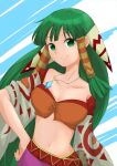  1girl breasts closed_mouth feena_(grandia) grandia grandia_i green_eyes green_hair hair_ornament hair_tubes highres jewelry long_hair looking_at_viewer midriff navel necklace shifui_fugetsu smile solo very_long_hair wide_sleeves 