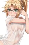  1girl bangs blonde_hair blush braid breasts covered_navel eyebrows_visible_through_hair fate/apocrypha fate_(series) french_braid glasses green_eyes hair_ornament hair_scrunchie highres long_hair looking_at_viewer mordred_(fate) mordred_(fate/apocrypha) parted_bangs ponytail scrunchie see-through shirt short_sleeves sidelocks small_breasts smile solo tonee white_shirt 