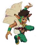  1boy boomerang brown_hair cape closed_mouth dark-skinned_male dark_skin facial_mark grandia grandia_i green_pants looking_at_viewer nemurism pants pointy_ears rapp_(grandia) simple_background smile solo tattoo weapon white_background wristband 