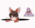  2girls archived_source bangs benikurage_(cookie) blue_bow blunt_bangs bow cookie_(touhou) dress frilled_bow frills green_eyes hair_bow hakurei_reimu hole long_dress multiple_girls ohasi on_floor parted_bangs patchouli_knowledge purple_dress purple_hair red_bow red_mittens red_neckwear sitting smug striped striped_dress taisa_(cookie) tired touhou vertical-striped_dress vertical_stripes 