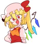  1girl :o ascot blonde_hair crystal fang flandre_scarlet hat medium_hair mob_cap one_side_up op_na_yarou pointy_ears puffy_short_sleeves puffy_sleeves red_eyes red_vest shirt short_sleeves simple_background solo touhou v-shaped_eyebrows vest white_background white_shirt wings yellow_ascot 