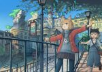  2girls animal_ears blonde_hair blue_legwear blue_sky building cat_ears cityscape multiple_girls original outstretched_arms scenery short_hair skirt sky stairs tree wu_ba_pin 
