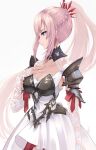  1girl absurdres armor bangs blue_eyes braid breasts cleavage commentary_request cowboy_shot crown_braid dress hand_on_own_chest highres long_hair medium_breasts pink_hair ponytail risumi_(taka-fallcherryblossom) shionne_(tales) shoulder_armor sidelocks simple_background solo tales_of_(series) tales_of_arise very_long_hair white_background white_dress 
