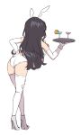  1girl alternate_costume animal_ears ass black_hair cocktail_glass cup drinking_glass elbow_gloves fake_animal_ears from_behind full_body gloves hand_on_hip high_heels highres holding holding_tray kantai_collection leotard long_hair looking_at_viewer multicolored_hair naganami_(kancolle) pink_hair playboy_bunny rabbit_ears rabbit_tail satsuki_neko simple_background solo standing strapless tail thighhighs tray two-tone_hair white_background white_gloves white_legwear 