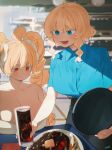  2girls :d blonde_hair blue_eyes blue_shirt blush breast_rest breasts breasts_on_table closed_mouth commentary cup dot_mouth dot_nose dress drill_hair drinking_glass english_commentary fang florida-chan_(ryusei_hashida) holding holding_cup holding_tray huge_breasts indoors mofu_mofuko_(ryusei_hashida) multiple_girls open_mouth orange_eyes original ryusei_hashida shirt short_sleeves sidelocks signature sitting smile standing table tray twin_drills twintails veins veiny_breasts waitress white_dress 