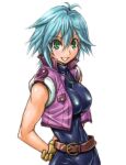  1girl allenby_beardsley amania_orz blue_bodysuit blue_hair bodysuit breasts g_gundam gloves green_eyes gundam jewelry large_breasts looking_at_viewer open_mouth short_hair simple_background skin_tight smile solo white_background 