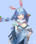  1girl animal_ear_fluff animal_ears bare_shoulders blue_background blue_gloves blue_hair blush breasts carrot carrot_hair_ornament cleavage detached_sleeves food-themed_hair_ornament gloves hair_ornament hand_on_hip hololive light_blue_hair long_hair looking_at_viewer multicolored_hair orange_eyes pocket puffy_sleeves rabbit_ears reaching_out shijohane signature simple_background smile solo teeth tongue twintails upper_teeth usada_pekora virtual_youtuber white_hair 
