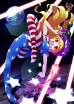  13-gou 1girl american_flag_dress american_flag_legwear bangs blonde_hair blush breasts clownpiece commentary_request danmaku earth_(planet) eyebrows_visible_through_hair fairy_wings floating_hair full_body hat holding holding_torch jester_cap laser legacy_of_lunatic_kingdom long_hair moon neck_ruff open_mouth pantyhose planet polka_dot purple_headwear red_eyes short_sleeves small_breasts solo space star_(symbol) teeth torch touhou upper_teeth v wings 