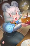  1girl absurdres animal_ears bad_face bangs blue_capelet blush bowl capelet chopsticks commentary_request fish_cake food full_body grey_hair grey_skirt grey_vest hair_between_eyes highres holding holding_bowl layered_clothing long_sleeves looking_at_viewer mouse mouse_ears mouse_girl mouse_tail nazrin noodles open_mouth ramen red_eyes seiza serakawa shirt short_hair sitting skirt skirt_set solo soup tail touhou vest white_shirt 