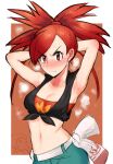  1girl armpits arms_behind_head bangs belt blush breasts breath cleavage commentary_request crop_top denim eyebrows_visible_through_hair eyelashes flannery_(pokemon) highres ichigai_(hayawossan) jeans long_hair midriff navel pants pokemon pokemon_(game) pokemon_oras ponytail red_eyes red_hair shirt solo steam sweat torkoal upper_body v-shaped_eyebrows white_belt 