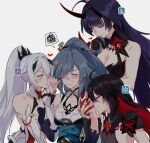  4girls ahoge bare_shoulders black_hair blue_eyes blue_hair blush breasts cleavage closed_eyes collarbone cross cross_earrings earrings fire fu_hua fu_hua_(azure_empyrea) gameplay_mechanics gloves grey_background hair_over_one_eye harem heart holding_hands honkai_(series) honkai_impact_3rd horns interlocked_fingers jewelry kiana_kaslana kiana_kaslana_(herrscher_of_flamescion) kiss kissing_hair kissing_hand lightning_bolt_symbol long_hair looking_at_another multicolored_hair multiple_girls negom oni_horns ponytail purple_eyes raiden_mei raiden_mei_(herrscher_of_thunder) red_eyes red_gloves red_hair seele_(alter_ego) seele_vollerei seele_vollerei_(starchasm_nyx) silver_hair smile snowflakes spoken_squiggle squiggle sweat very_long_hair yuri 