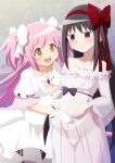  2girls :d absurdres akemi_homura akuma_homura alternate_costume areolae big_belly black_hair blue_background blush breasts choker collarbone dress hair_ribbon hand_on_another&#039;s_stomach hand_on_own_stomach highres ips_cells kaname_madoka long_hair looking_at_another mahou_shoujo_madoka_magica mahou_shoujo_madoka_magica_movie medium_breasts multiple_girls nipples open_mouth pink_hair pregnant pubic_tattoo purple_eyes pussy ribbon see-through shuruken_(yuumo) sleeveless sleeveless_dress small_breasts smile star_(sky) tattoo ultimate_madoka very_long_hair white_choker yellow_eyes yuri 