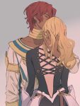  1boy 1girl armor back back_cutout bangs black_bodysuit blonde_hair bodysuit clothing_cutout couple dark-skinned_male dark_skin dohalim_(tales) earrings faceless faceless_female forehead_kiss from_behind hand_on_another&#039;s_head hetero highres holding interracial jewelry kisara_(tales) kiss long_hair red_hair short_hair tales_of_(series) tales_of_arise yuue0925 