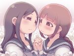  2girls :3 black_hair blush braid brown_eyes brown_hair eye_contact flower holding_hands ibukichi lily_(flower) long_hair looking_at_another multiple_girls original school_uniform serafuku upper_body yuri 