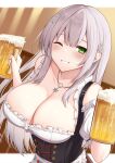  1girl alcohol bangs bare_shoulders beer beer_mug blunt_bangs blush breasts cleavage collarbone cup dirndl dress dutch_angle flower frilled_dress frills german_clothes green_eyes grin hair_flower hair_ornament highres holding holding_cup hololive jewelry kurigura_(sketch_san) large_breasts leaning_forward long_hair looking_at_viewer mug necklace one_eye_closed outside_border shirogane_noel sidelocks silver_hair smile solo underbust upper_body virtual_youtuber 