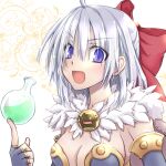  1girl alchemist_(ragnarok_online) balancing_on_finger bangs blue_dress blue_eyes blue_gloves bow breasts brooch brown_cape cape cleavage commentary_request deviruchi dress elbow_gloves eyebrows_visible_through_hair eyes_visible_through_hair fingerless_gloves flask fur_collar gloves hair_between_eyes hair_bow highres jewelry koizumi_(0w05070w0) long_hair looking_at_viewer medium_breasts open_mouth potion ragnarok_online red_bow round-bottom_flask solo strapless strapless_dress upper_body white_hair 