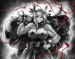  1girl artist_name aura bangs bare_arms bare_shoulders biceps breasts club_(weapon) cowboy_shot cuffs curled_horns earrings floating_hair greyscale grin hair_ornament hair_stick hakama hand_on_hip highres hoop_earrings horns japanese_clothes jewelry kanabou kimono lips long_hair looking_at_viewer monochrome muscular muscular_female one_piece oni over_shoulder red_eyes rope shackles shimenawa sideboob sleeveless sleeveless_kimono smile solo spiked_club spikes spot_color the_golden_smurf unfinished v-shaped_eyebrows very_long_hair weapon weapon_over_shoulder yamato_(one_piece) 