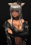  1girl absurdres animal_ears arm_under_breasts avatar_(ffxiv) bangs bikini bikini_top black_background blue_eyes breasts cat_ears choker cleavage crown dark-skinned_female dark_skin eyebrows_visible_through_hair eyeshadow facial_mark final_fantasy final_fantasy_xiv heterochromia highres jacket large_breasts long_hair makeup mini_crown miqo&#039;te off_shoulder open_clothes open_jacket silver_hair simple_background solo swimsuit upper_body zeri_(zeristudio) 