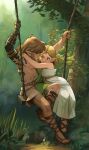  1boy 1girl arm_tattoo arms_up asymmetrical_clothes blonde_hair couple dress fine_art_parody highres link looking_at_another malin_falch parody plant pointy_ears princess_zelda sandals strapless strapless_dress swing tattoo the_legend_of_zelda the_legend_of_zelda:_breath_of_the_wild the_legend_of_zelda:_breath_of_the_wild_2 toes tree 