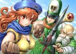 1girl 2boys alena_(dq4) amania_orz beard breasts brey cape cleavage clift closed_mouth curly_hair dragon_quest dragon_quest_iv dress earrings facial_hair gloves hat jewelry long_hair looking_at_viewer multiple_boys mustache orange_hair polearm red_eyes spear staff weapon 