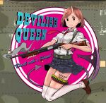  1girl absurdres aircraft airplane ammunition_belt arrow_through_heart bomb braid breasts brown_eyes brown_hair camouflage casing_ejection demon_tail demon_wings earrings english_text french_braid grin gun hair_ornament hairclip highres holding holding_gun holding_weapon horns jewelry killmark loafers looking_at_viewer medium_breasts necktie nose_art oni original over-kneehighs pointy_ears pump_action rivets school_uniform shell_casing shoes short_hair shotgun shotgun_shell skin-covered_horns smile smoke smoking_gun solo strap stud_earrings tactical_clothes tail tally teddy_(takarada) thighhighs trigger_discipline weapon white_legwear wings 