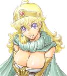  1girl amania_orz blonde_hair breasts cape circlet cleavage dragon_quest dragon_quest_iii dress earrings elbow_gloves gloves jester_(dq3) jewelry large_breasts long_hair looking_at_viewer purple_eyes sage_(dq3) simple_background smile solo white_background 