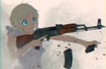  1girl akm assault_rifle blonde_hair blood blood_spray blue_eyes blurry bow breasts dennou_shoujo_youtuber_siro depth_of_field dust grin gun hair_bow highres holding_magazine_(weapon) magazine_(weapon) magazine_ejection medium_breasts motion_blur reloading rifle shirt signature siro_(dennou_shoujo_youtuber_siro) sleeveless sleeveless_shirt smile solo teddy_(takarada) trigger_discipline virtual_youtuber weapon 