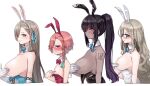  4girls akane_(blue_archive) animal_ears asuna_(blue_archive) bare_shoulders blue_archive blue_bow blue_bowtie blue_eyes blue_ribbon bow bowtie braid breasts brown_hair bust_chart commentary_request covering_nipples dark-skinned_female dark_skin detached_collar fake_animal_ears flat_chest glasses gloves hair_ribbon height_difference justeeeeth karin_(blue_archive) large_breasts long_hair looking_at_viewer mole mole_on_breast multiple_girls neru_(blue_archive) pink_hair playboy_bunny ponytail profile rabbit_ears red_bow red_bowtie red_eyes ribbon short_hair simple_background single_braid upper_body white_background white_gloves yellow_eyes 
