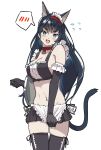  1girl alternate_costume animal_ears apron arknights bangs black_gloves black_hair black_legwear black_skirt blaze_(arknights) blue_eyes blue_hair blush breasts cat_ears cat_girl cat_tail cleavage collar elbow_gloves extra_ears eyebrows_visible_through_hair flying_sweatdrops frills gloves gradient_hair hairband highres holding holding_tray large_breasts long_hair looking_at_viewer miniskirt multicolored_hair navel open_mouth pale_skin pleated_skirt red_collar red_hairband satsuki_neko simple_background skindentation skirt solo spoken_blush sweat tail thighhighs tray waist_apron white_apron white_background 