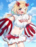  1girl ;d aki_rosenthal bangs baseball_jersey blonde_hair blue_sky bow breasts cheerleader detached_hair hair_bow hair_ornament hairclip highres hololive large_breasts long_hair low_twintails midriff miniskirt navel nongttaeng one_eye_closed open_mouth parted_bangs pleated_skirt pom_pom_(cheerleading) purple_eyes shirt skirt sky smile solo sweat tied_shirt twintails virtual_youtuber white_skirt x_hair_ornament 