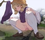  1girl bangs blonde_hair blush bottomless branch brown_footwear brown_headwear censored commentary_request day eyebrows_visible_through_hair fingernails flat_chest from_below grass hat long_sleeves medium_hair moriya_suwako mosaic_censoring outdoors parted_lips public_nudity purple_vest rock shadow skirt skirt_removed solo squatting stream tennasu_(dhga8242) thighhighs touhou vest white_legwear wide_sleeves yellow_eyes 
