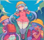  1girl artist_name ass backpack bag beads blue_eyes city clothes_lift crime_prevention_buzzer dress dress_lift eating food food_on_face hair_beads hair_ornament hat holding holding_food kanna_kamui kobayashi-san_chi_no_maidragon light_purple_hair long_hair microdress multiple_views open_mouth outdoors panties randoseru school_bag school_hat starmilk thighhighs thighs twintails twitter_username underwear wardrobe_malfunction white_legwear yellow_headwear 