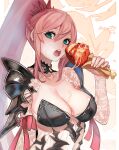  1girl armor bangs bird blue_eyes braid breasts chicken chicken_(food) chicken_leg cleavage closed_mouth death_is_13 dress eating food food_on_breasts hair_between_eyes holding holding_food large_breasts long_hair looking_at_viewer meat open_mouth pink_hair ponytail shionne_(tales) shoulder_armor sidelocks solo tales_of_(series) tales_of_arise very_long_hair white_dress 