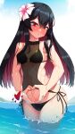  1girl arata bangs beach bikini black_bikini black_hair blurry blurry_background blush cloud cloudy_sky colored_inner_hair commentary cowboy_shot flower full-face_blush genderswap genderswap_(mtf) hair_between_eyes hair_flower hair_ornament halterneck hand_on_own_stomach heart heart_hands highres long_hair multicolored_hair navel o-ring o-ring_bikini ocean pout red_eyes red_hair ren_(witch&#039;s_weapon) sheer_clothes sky solo spoken_heart string_bikini swimsuit thighs two-tone_hair uterus_pose very_long_hair wet witch&#039;s_weapon 