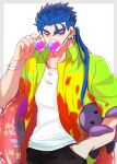  1boy blue_hair cu_chulainn_(fate) cu_chulainn_(fate/stay_night) earrings fate/stay_night fate_(series) hand_in_pocket hawaiian_shirt innertube jewelry long_hair looking_at_viewer male_focus octopus official_alternate_costume open_clothes open_shirt ponytail red_eyes removing_eyewear shirt simple_background solo spiked_hair sunglasses yap_(dhgrail) 