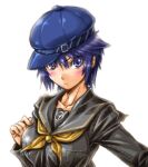  1girl amania_orz blue_eyes blue_hair blush breasts cabbie_hat closed_mouth hat looking_at_viewer persona persona_4 school_uniform shirogane_naoto short_hair simple_background solo white_background yasogami_school_uniform 