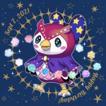  1girl animal_crossing bird blush bow celeste_(animal_crossing) dated full_body hair_bow happy_birthday looking_at_viewer owl simple_background solo sparkling_eyes star_(symbol) star_print tsutsuji_(hello_x_2) 