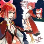  1girl animal_crossing argyle bird black_eyes book bow brown_legwear capelet celeste_(animal_crossing) check_commentary commentary_request hair_bow highres korean_text long_sleeves looking_at_viewer multiple_views owl personification pink_bow rama_(unisonote) red_capelet red_hair shoes shooting_star short_hair sky smile speech_bubble star_(sky) starry_sky striped striped_legwear translation_request white_footwear 