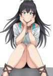  1girl antenna_hair aqua_eyes bangs bike_shorts black_hair black_shorts blush bra_strap closed_mouth collarbone commentary_request eyebrows_visible_through_hair feet_out_of_frame ganaha_hibiki green_ribbon hair_ribbon hands_on_own_cheeks hands_on_own_face highres idolmaster idolmaster_(classic) jewelry long_hair looking_at_viewer md5_mismatch necklace ponytail ribbon shirt short_shorts short_sleeves shorts simple_background sitting smile solo tsurui white_background white_shirt 